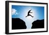 Man Jumping over Precipice between Two Rocky Mountains at Sun Light. Freedom, Risk, Challenge, Succ-Michal Bednarek-Framed Photographic Print