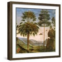 Man Leaning on a Staff, Birds Flying, Trees, Rocks, a Lake and a Distant City with Spires-Pietro Perugino-Framed Giclee Print