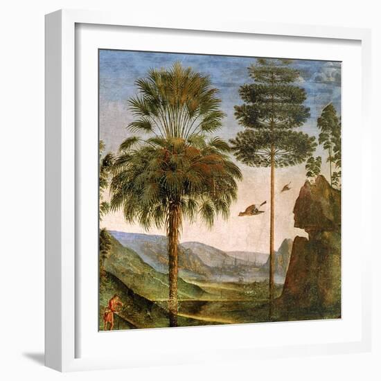 Man Leaning on a Staff, Birds Flying, Trees, Rocks, a Lake and a Distant City with Spires-Pietro Perugino-Framed Giclee Print