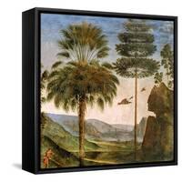 Man Leaning on a Staff, Birds Flying, Trees, Rocks, a Lake and a Distant City with Spires-Pietro Perugino-Framed Stretched Canvas