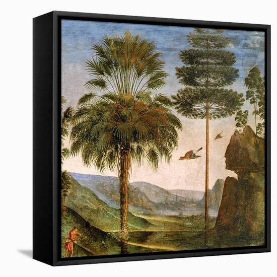 Man Leaning on a Staff, Birds Flying, Trees, Rocks, a Lake and a Distant City with Spires-Pietro Perugino-Framed Stretched Canvas