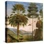 Man Leaning on a Staff, Birds Flying, Trees, Rocks, a Lake and a Distant City with Spires-Pietro Perugino-Stretched Canvas