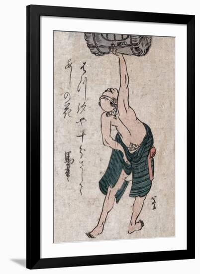 Man Lifting a Sake Barrel, Japanese Wood-Cut Print-Lantern Press-Framed Art Print