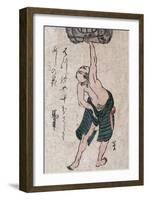 Man Lifting a Sake Barrel, Japanese Wood-Cut Print-Lantern Press-Framed Art Print