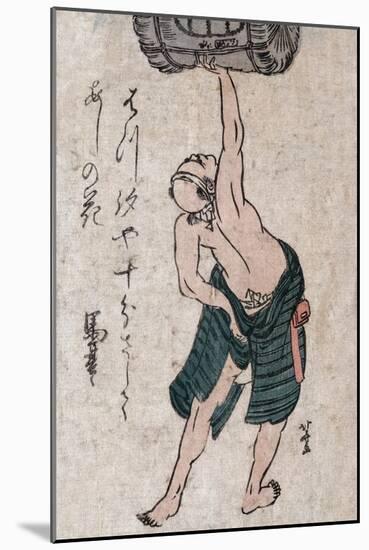 Man Lifting a Sake Barrel, Japanese Wood-Cut Print-Lantern Press-Mounted Art Print