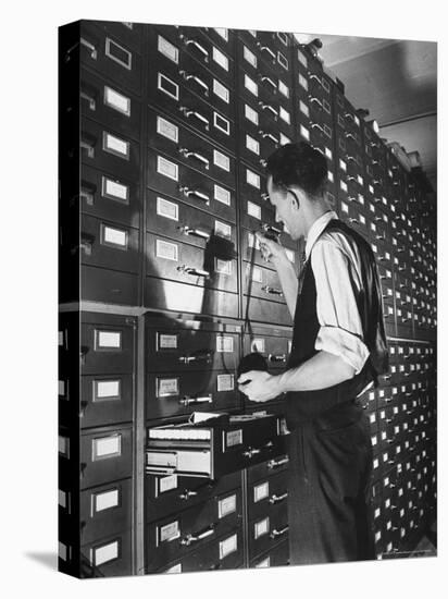 Man Looking at Film Records Containing Social Security Numbers at the Social Security Board-Thomas D^ Mcavoy-Stretched Canvas