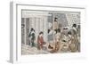 Man Looking Outside while Courtesans Work, Japanese Wood-Cut Print-Lantern Press-Framed Art Print