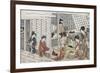 Man Looking Outside while Courtesans Work, Japanese Wood-Cut Print-Lantern Press-Framed Art Print