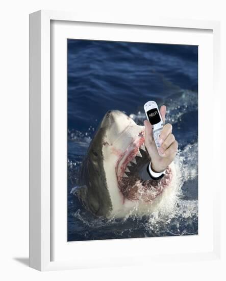 Man Messaging for Help from Shark's Mouth-DLILLC-Framed Photographic Print