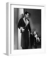 Man Models a Jersey Wool Dressing Gown, and His Wire Haired Fox Terrier Poses for the Camera-null-Framed Art Print