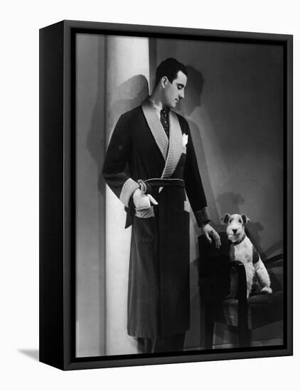 Man Models a Wool Jersey Dressing Gown and His Wire- Haired Fox Terrier Poses for the Camera-null-Framed Stretched Canvas