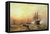 Man-O-War Firing a Salute at Sunset-Claude T. Stanfield Moore-Framed Stretched Canvas