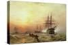Man-O-War Firing a Salute at Sunset-Claude T. Stanfield Moore-Stretched Canvas