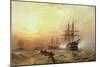 Man-O-War Firing a Salute at Sunset-Claude T. Stanfield Moore-Mounted Giclee Print