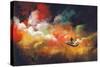 Man on a Boat in the Outer Space with Colorful Cloud,Illustration-Tithi Luadthong-Stretched Canvas