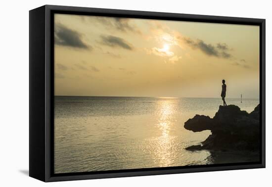 Man on a rock in backlight on the rocky west coast in Ouvea, Loyalty Islands, New Caledonia, Pacifi-Michael Runkel-Framed Stretched Canvas