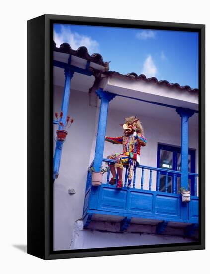 Man on Balcony Rail During Village Festival, Chinceros, Peru-Jim Zuckerman-Framed Stretched Canvas