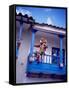 Man on Balcony Rail During Village Festival, Chinceros, Peru-Jim Zuckerman-Framed Stretched Canvas