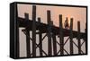 Man on Bicycle Silhouetted at Sunrise Crossing Taungthaman Lake on U Bein Teak Bridge at Dawn-Stephen Studd-Framed Stretched Canvas