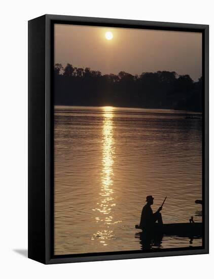 Man on Boat on River Near Dr. Albert Schweitzer's Compound at Lambarene-George Silk-Framed Stretched Canvas