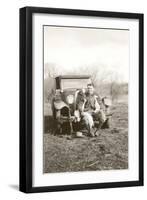 Man on Bumper of Vintage Car with Dead Ducks-null-Framed Art Print