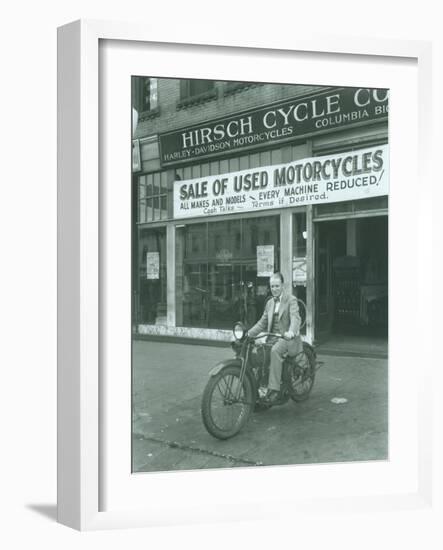 Man on Harley Davidson Motocycle at Hirsch Cycle Co., 1927-Chapin Bowen-Framed Giclee Print