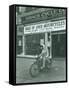 Man on Harley Davidson Motocycle at Hirsch Cycle Co., 1927-Chapin Bowen-Framed Stretched Canvas