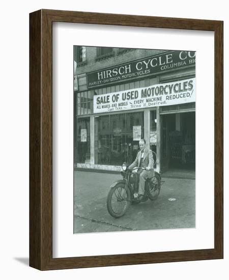 Man on Harley Davidson Motocycle at Hirsch Cycle Co., 1927-Chapin Bowen-Framed Giclee Print