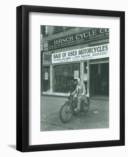 Man on Harley Davidson Motocycle at Hirsch Cycle Co., 1927-Chapin Bowen-Framed Giclee Print