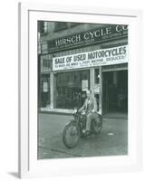 Man on Harley Davidson Motocycle at Hirsch Cycle Co., 1927-Chapin Bowen-Framed Giclee Print