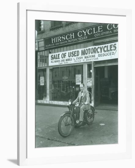 Man on Harley Davidson Motocycle at Hirsch Cycle Co., 1927-Chapin Bowen-Framed Giclee Print