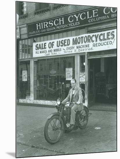 Man on Harley Davidson Motocycle at Hirsch Cycle Co., 1927-Chapin Bowen-Mounted Giclee Print