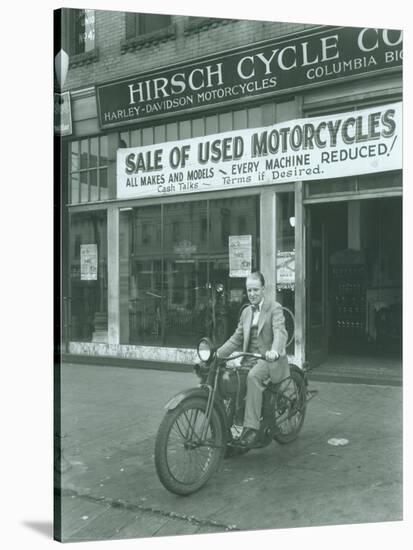 Man on Harley Davidson Motocycle at Hirsch Cycle Co., 1927-Chapin Bowen-Stretched Canvas
