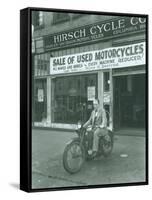 Man on Harley Davidson Motocycle at Hirsch Cycle Co., 1927-Chapin Bowen-Framed Stretched Canvas