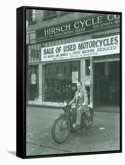 Man on Harley Davidson Motocycle at Hirsch Cycle Co., 1927-Chapin Bowen-Framed Stretched Canvas