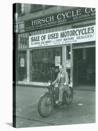 Man on Harley Davidson Motocycle at Hirsch Cycle Co., 1927-Chapin Bowen-Stretched Canvas