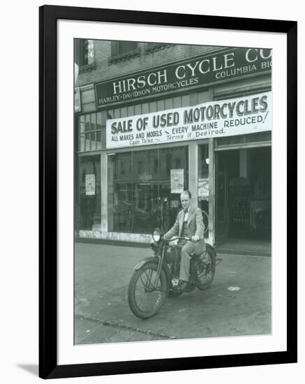 Man on Harley Davidson Motocycle at Hirsch Cycle Co., 1927-Chapin Bowen-Framed Giclee Print