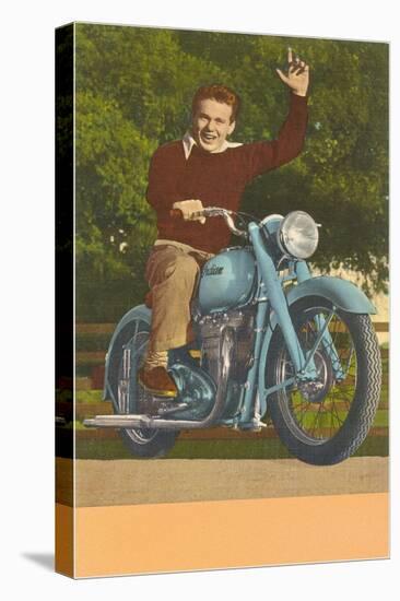 Man on Motorcycle, Waving-null-Stretched Canvas