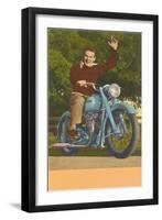 Man on Motorcycle, Waving-null-Framed Art Print