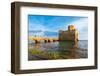 Man on the bridge walks to the fortified castle of Torre Astura in the water of Tyrrhenian Sea-Paolo Graziosi-Framed Photographic Print