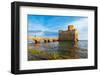 Man on the bridge walks to the fortified castle of Torre Astura in the water of Tyrrhenian Sea-Paolo Graziosi-Framed Photographic Print