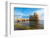 Man on the bridge walks to the fortified castle of Torre Astura in the water of Tyrrhenian Sea-Paolo Graziosi-Framed Photographic Print