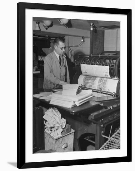 Man Operating Printing Press on Queen Elizabeth-Ed Clark-Framed Photographic Print