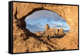 Man overlooking Turret Arch from North Window. Arches National Park, Moab, Grand County, Utah, USA.-ClickAlps-Framed Stretched Canvas