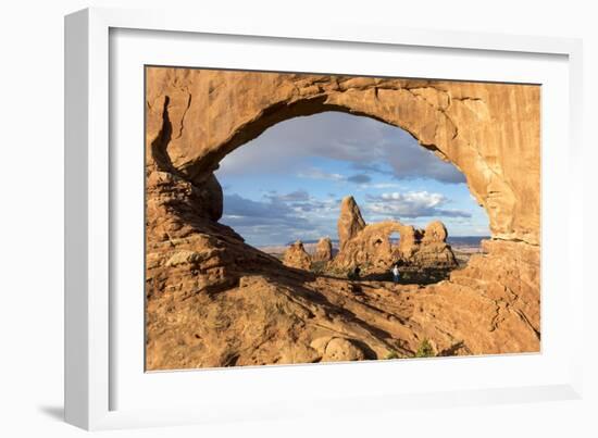 Man overlooking Turret Arch from North Window. Arches National Park, Moab, Grand County, Utah, USA.-ClickAlps-Framed Photographic Print