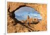 Man overlooking Turret Arch from North Window. Arches National Park, Moab, Grand County, Utah, USA.-ClickAlps-Framed Photographic Print