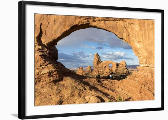 Man overlooking Turret Arch from North Window. Arches National Park, Moab, Grand County, Utah, USA.-ClickAlps-Framed Photographic Print