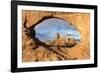 Man overlooking Turret Arch from North Window. Arches National Park, Moab, Grand County, Utah, USA.-ClickAlps-Framed Photographic Print