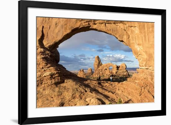 Man overlooking Turret Arch from North Window. Arches National Park, Moab, Grand County, Utah, USA.-ClickAlps-Framed Photographic Print