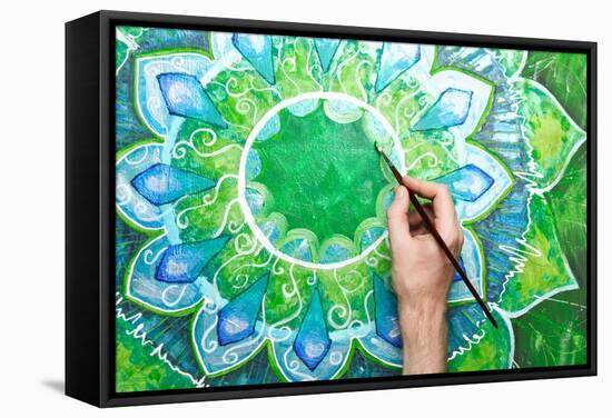 Man Painting Bright Green Picture With Circle Pattern, Mandala Of Anahata Chakra-shooarts-Framed Stretched Canvas
